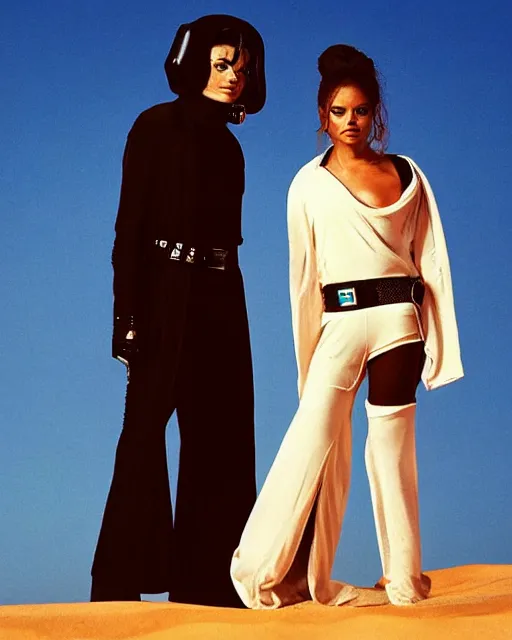 Image similar to 1 8 year old michael jackson as luke skywalker, with janet jackson as princess leia, studio lighting, star wars themed, beautiful tunisia desert at sunset, photoshoot in the styled of annie leibovitz