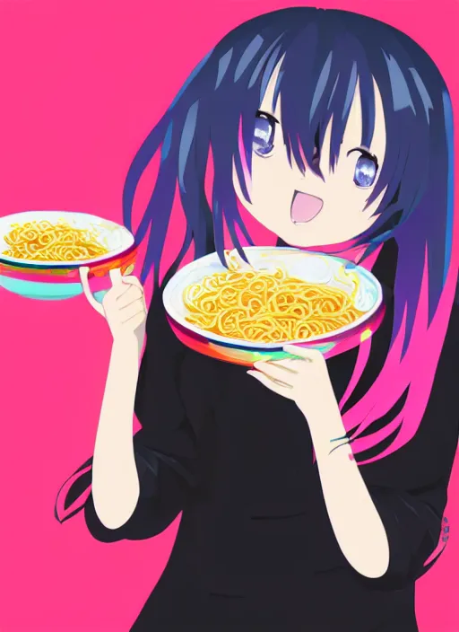 Prompt: anime girl with pink hair eating ramen noodles, black background, anime style