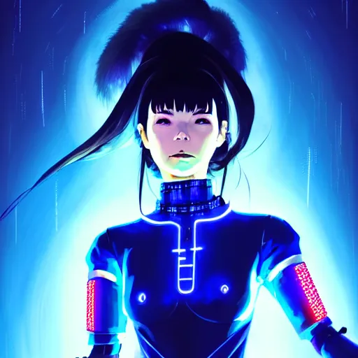 Image similar to a beautiful! bjork model, wearing futuristic cyber leather dress with glowing blue led lights, jrpg aztec street fashion, gapmoe yandere grimdark, trending on pixiv fanbox, painted by greg rutkowski makoto shinkai takashi takeuchi studio ghibli, akihiko yoshida