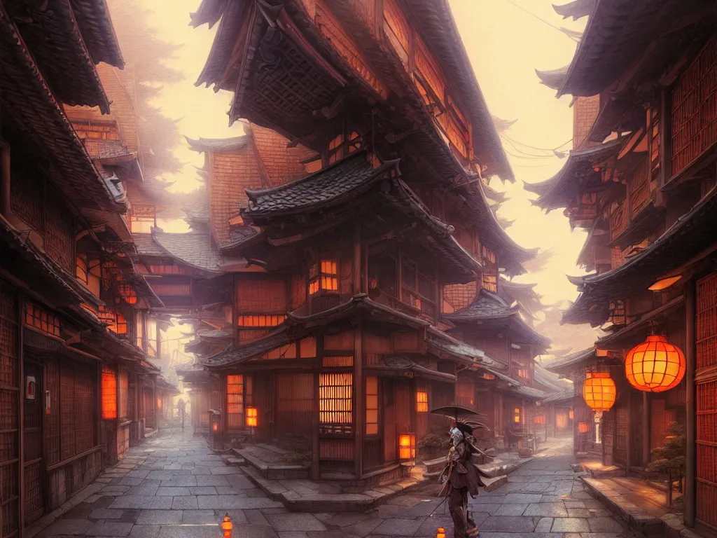 Prompt: old japanese street, d & d digital painting, intricate details, ultra realistic, beautiful, volumetric lighting, warm colors advance, cell shading, by james jean, greg rutkowski, gerald brom, wlop