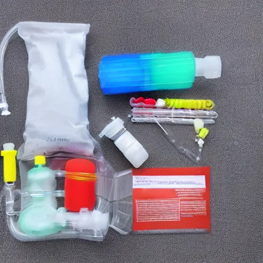 Image similar to musical instrument made out of clear tubing, syringes, urine collection bag, iv pole, fluid bag, nebulizer equipment