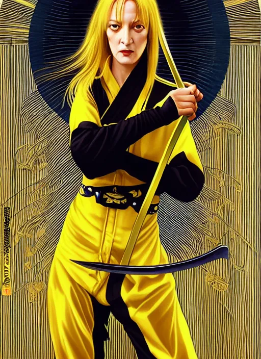 Image similar to uma thurman in kill bill as a very cool warrior, rococo and art nouveau fusion, swinging reflective katana, yellow jumpsuit with black stripe, highly detailed, deep focus, elegant, digital painting, smooth, sharp focus, illustration, ultra realistic, japanese art by artgerm and alphonse mucha