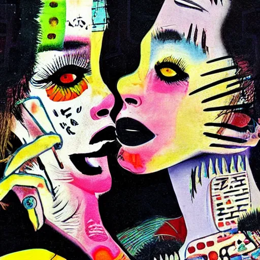Prompt: beautiful painting of two bizarre psychedelic women kissing each other closeup in tokyo, speculative evolution, mixed media collage by basquiat and junji ito, magazine collage art, paper collage art, sapphic art, lesbian art