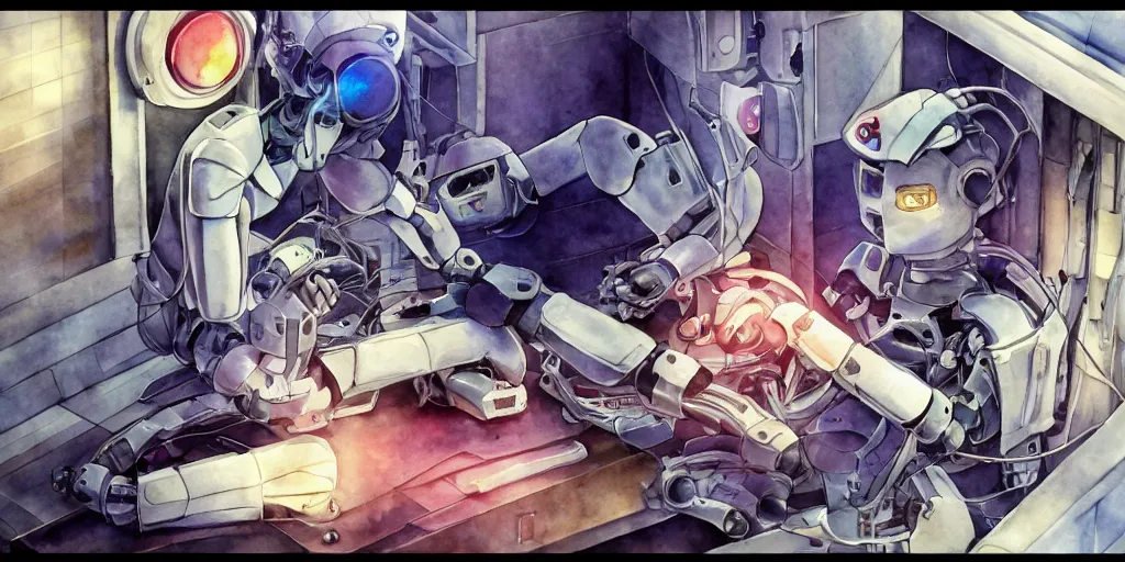 Image similar to watercolour painting of a broken robot repairing its own arm, anime, pencil lines, light watercolour, pale sky, beautiful artwork, anime screenshot, akihabara