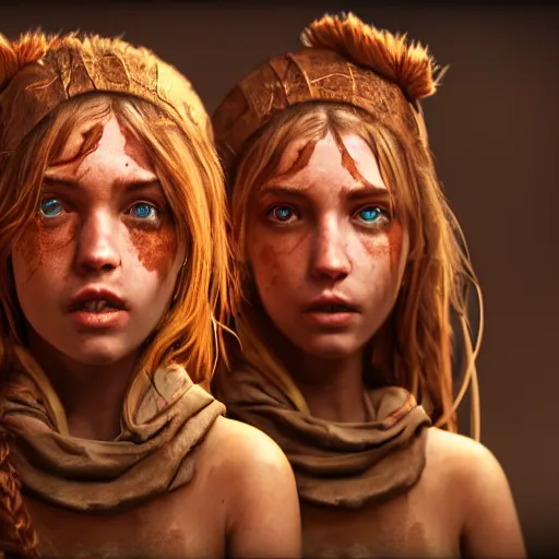 Prompt: beautiful Gorgon Sisters, long hair, hazel eyes, cute freckles, full round face, short smile, golden hour, post apocalyptic setting, medium shot, mid-shot, highly detailed, trending on Artstation, Unreal Engine 4k