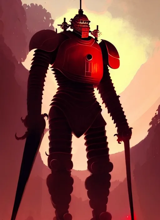 Prompt: full body picture of a red big giants colossus knight, exterminate monsters, to protect a beautiful and cute and aesthetic girl, highly detailed face, intricate, smooth, sharp focus, trending on artstation, art by ilya kuvshinov and anato finnstark and rembrandt and quentin mabille, fantasy illustration, epic light novel cover art