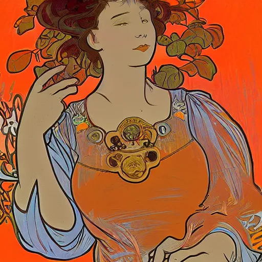 Image similar to a orange cat in virtual reality, in the style of alphonse mucha