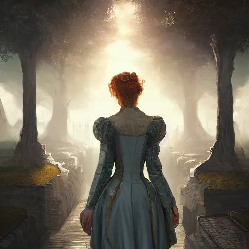 Prompt: portrait of a victorian lady in a futuristic city, from behind, streets, birds in the sky, sunlight and rays of light shining through trees, tall buildings on the sides, beautiful, solarpunk!!!, highly detailed, digital painting, trending on ArtStation
