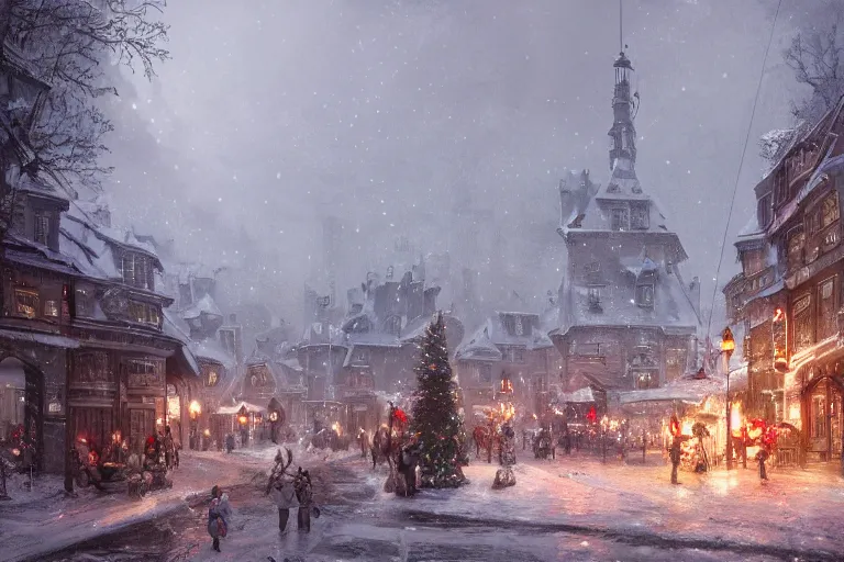 Prompt: a guillotine with christmas lights in the center of town, s matte painting, long shot, concept art, wide shot, digital art, trending on artstation, 4 k, extremely detailed, realistic, snowing, by greg rutkowski, cinematic, epic