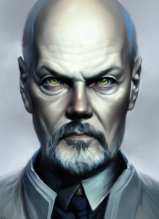 Image similar to « a portrait o cyberpunk vladimir lenin, glowing eyes, a digital painting by charlie bowater, featured on cgsociety, fantasy art, behance hd, wiccan, artstation hd »