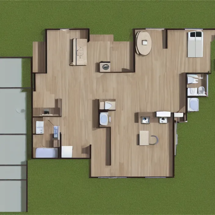 Prompt: overhead floor plan view of an apartment with absolutely zero cougars ( puma concolor ) hiding in the kitchen