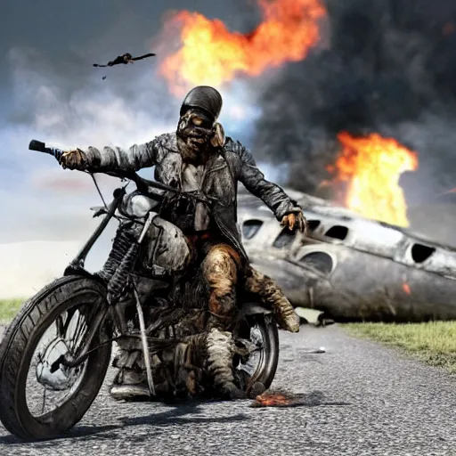 Image similar to post apocalyptic, biker with helmet in front of crashed airplane burning, photorealistic, highly detailed