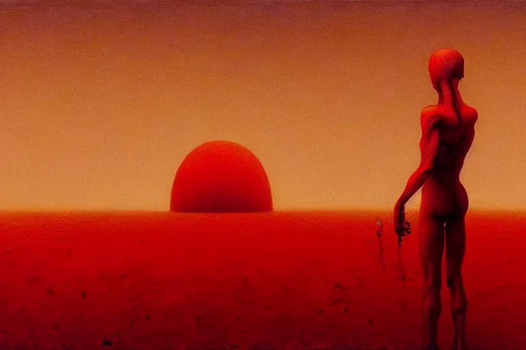 Image similar to only with red, red god of death eat apple, a futuristic city on mars in the background, red worms on the floor, in the style of beksinski, part by hopper, part by rodcenko, part by hofbauer, intricate composition, red by caravaggio, insanely quality, highly detailed, masterpiece, red light, artstation, 8 k