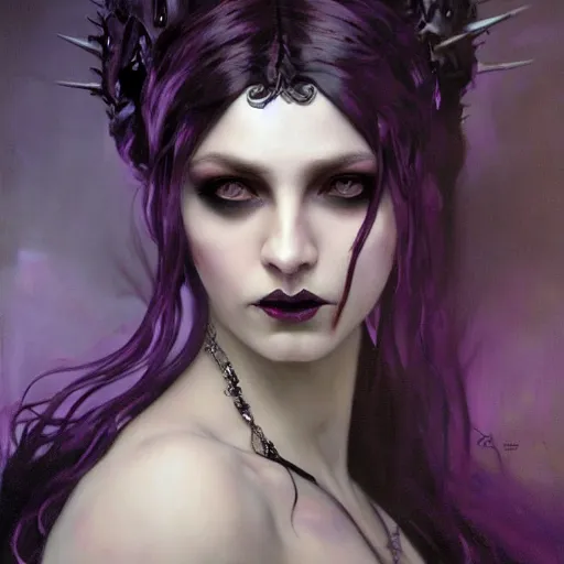 Image similar to dark goth queen with purple eyes, by jeremy mann and alphonse mucha, fantasy art, photo realistic, dynamic lighting, artstation, poster, volumetric lighting, very detailed faces, purple eyes, 4 k, award winning dark, goth, queen, dark fantasy, purple, hyperrealistic portrait, art of elysium, full figure, very detailed face,