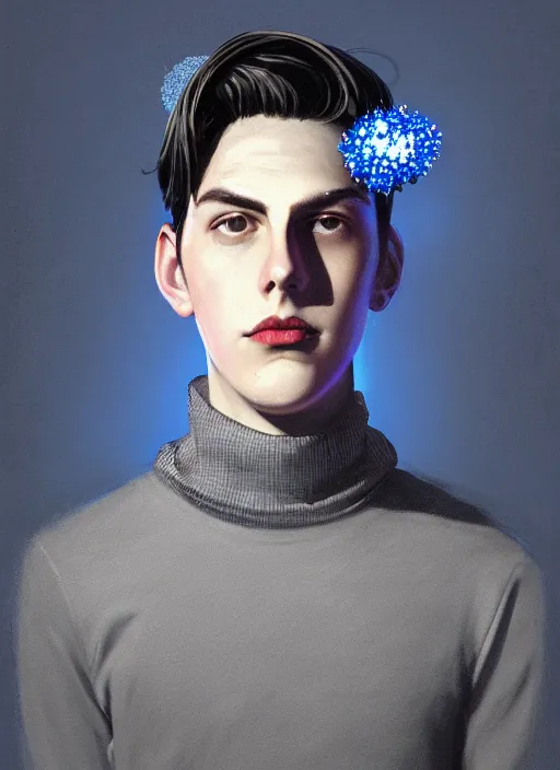 Image similar to portrait of teenage jughead jones wearing a light grey crown, crown, blue turtleneck, 1 9 5 0 s, closed eyes, photorealistic, black hair, glowing lighting, intricate, elegant, glowing lights, highly detailed, digital painting, artstation, concept art, smooth, sharp focus, illustration, art by wlop, mars ravelo and greg rutkowski