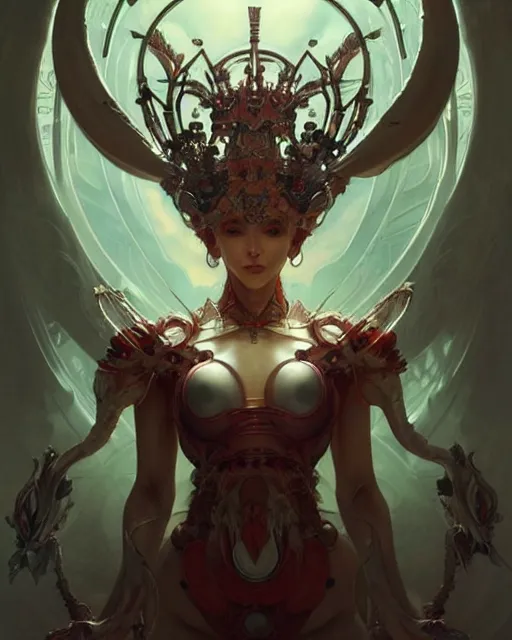 Image similar to concept art by artgerm, super attractive i robot demon queen with crown and red eyes, soft natural light, intricate, elegant, highly detailed, digital painting, artstation, concept art, smooth, sharp focus, illustration, art by by gaston bussiere and greg rutkowski and alphonse mucha and uang guangjian and gil elvgren, symmetry!!