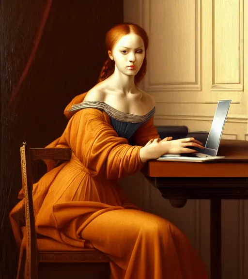 Image similar to portrait of a computer sitting upon a table with heightened detail, poised, intense emotion, detailed facial expression, detailed surroundings, intricate, elegant, highly detailed, centered, digital painting, artstation, concept art, smooth, sharp focus, illustration, by ( leonardo da vinci ), wlop
