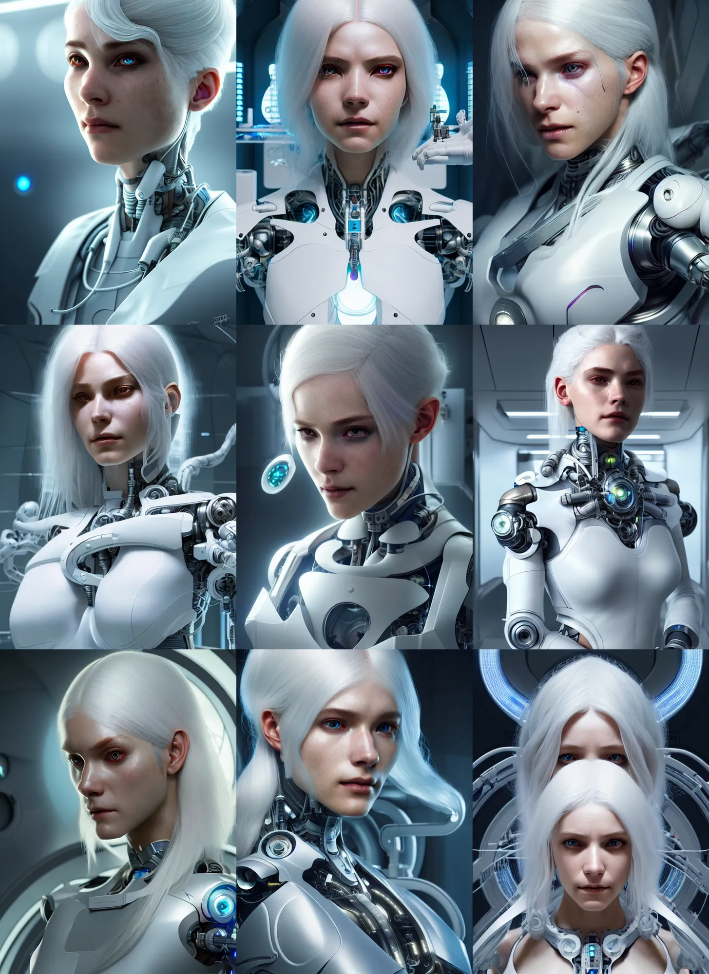 Prompt: ultra realistic, medium - shot, beautiful female cyborg, white hair, in a futuristic medical lab, sci - fi, intricate details, eerie, highly detailed, octane render, 8 k, art by artgerm and alphonse mucha and greg rutkowski