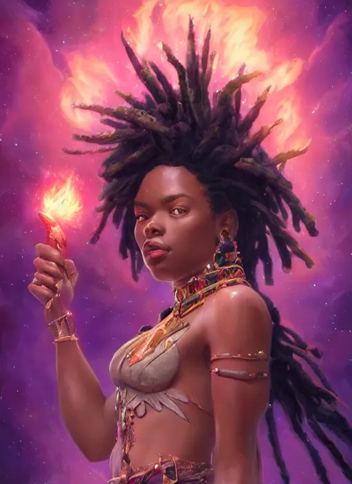 Prompt: beautiful black woman casting magical spells with powerful crystals, beaded dreadlocks and kemetic imagery, digital painting artstation, concept art, matte, sharp focus, illustration, dramatic exploding nebulae, hearthstone, art by artgerm and greg rutkowski and alphonse mucha