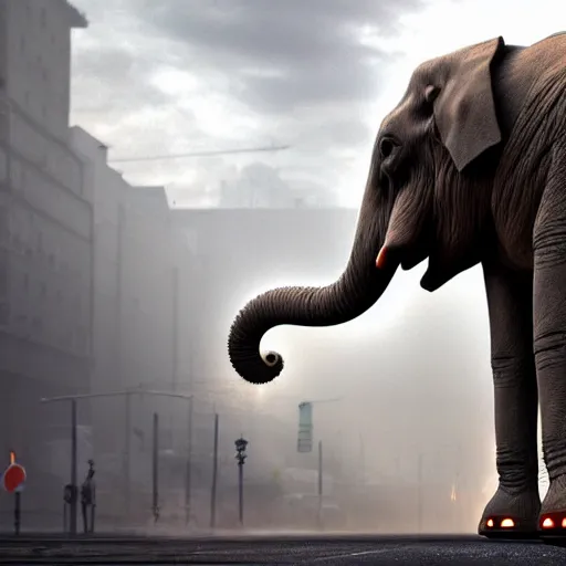 Image similar to apocalyptic, an robotic elephant walking on the future street. smoke. volumetric lighting, sharp focus, ultra detailed, cgsociety - w 1 0 2 4 - n 8 - i