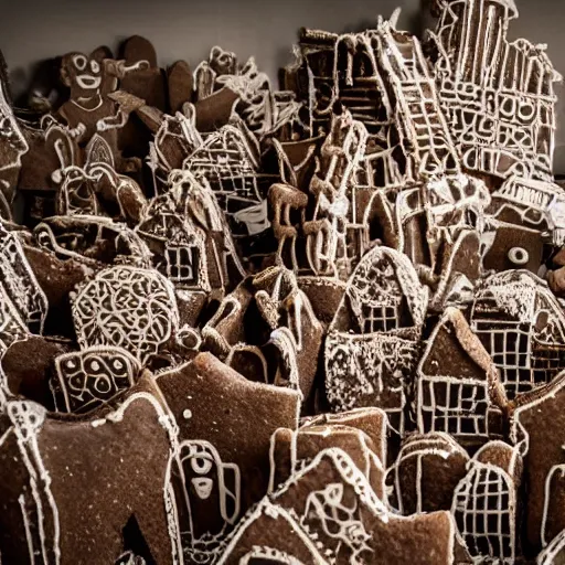 Prompt: dilapidated ruined city made of gingerbread, wreckage of a gingerbread cityscape, dramatic, award - winning photography