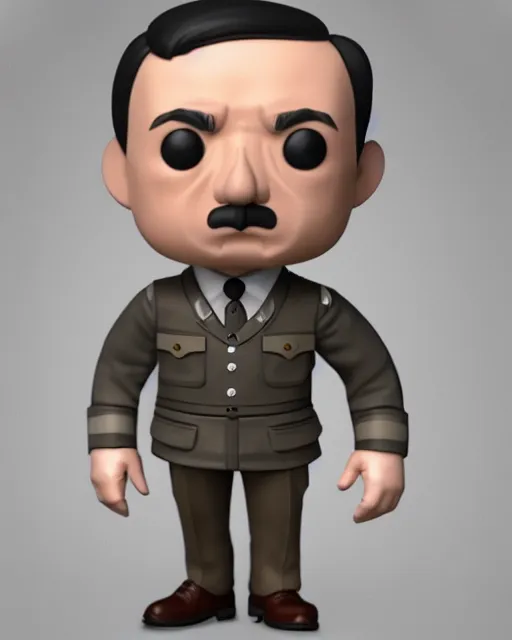 Image similar to full body 3d render of adolf hitler as a funko pop, studio lighting, white background, blender, trending on artstation, 8k, highly detailed