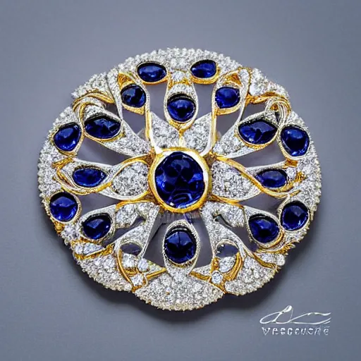 Image similar to white box commercial photography of a brooch jewel, forme de losange, more angular shape deep dark blue sapphire, gold ornaments and curves, 8 k, hires close up, high aperture, white background, pinterest, artstation