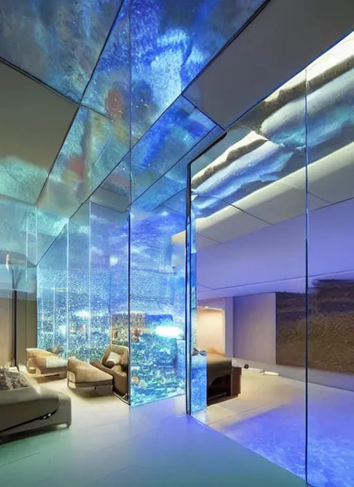 Prompt: a futuristic sci - fi underwater home with mirrored walls, dreamatic lighting