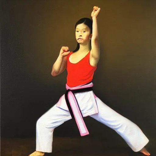 Prompt: karate girl, oil painting by Rembrandt