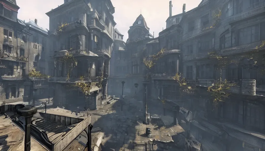 Prompt: first person view of a town square in the game dishonored, fantasy