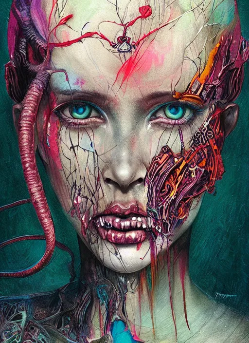 Image similar to portrait of a female half-demon half-angel, full character, full body, 8k ,by tristan eaton,Stanley Artgermm,Tom Bagshaw,Greg Rutkowski,Carne Griffiths, Ayami Kojima, Beksinski, Giger,trending on DeviantArt,face enhance,hyper detailed,minimalist,cybernetic, android, blade runner,full of colour