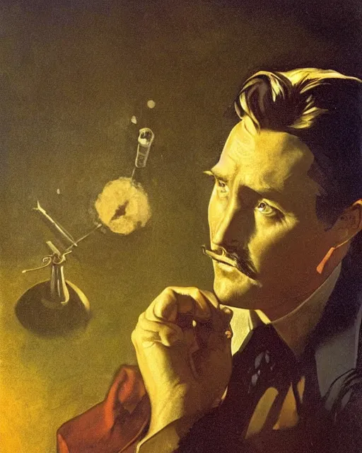 Image similar to Errol Flynn as a scientist. 1980s dystopian Soviet Russia, propaganda screens. Unreal engine, fantasy art by Greg Rutkowski, Gustave Courbet, Rosa Bonheur, Edward Hopper, Ilya Yefimovich Repin, Jean-François Millet, Andrew Newell Wyeth. Faithfully depicted facial expression, perfect anatomy global illumination, radiant light, detailed and intricate environment