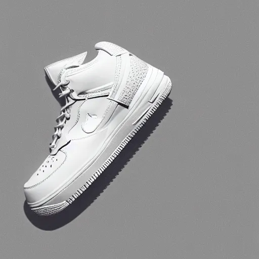 Image similar to all white, 3 d airforce 1 product photo with leather embellishments, distorted nike tick, 3 d bubbles from raf simons ozweego, product render, design sample, octane render, high definition, sneaker photography, photorealistic