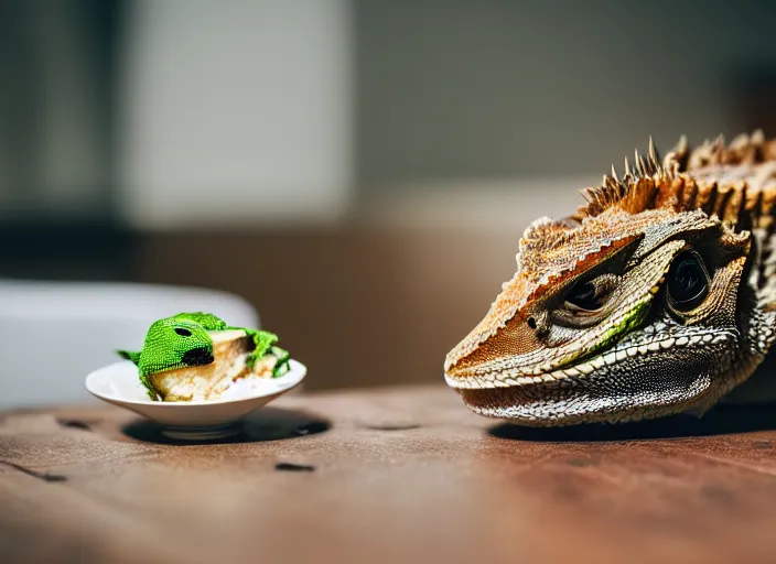 Image similar to dslr portrait still of a bearded dragon eating a slice of cheesecake, 8 k 8 5 mm f 1. 4