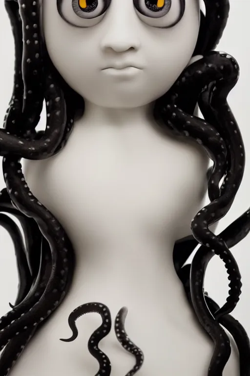 Image similar to full head and shoulders, beautiful porcelain female person, with lots and lots of black, realistic eyeballs, smooth, delicate facial features, white lashes, 3 d white shiny thick, large octopus tentacles in hair, standing in an art gallery by daniel arsham and james jean