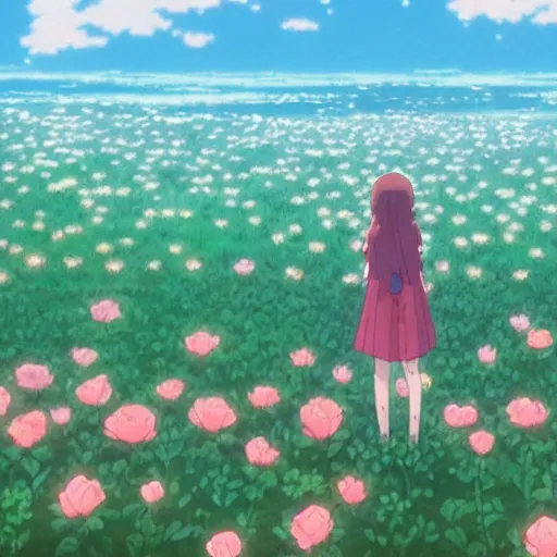 Image similar to the back view of an anime girl with medium and long hair standing in the sea of roses, relaxing, calm, cozy, peaceful, by mamoru hosoda, hayao miyazaki, makoto shinkai