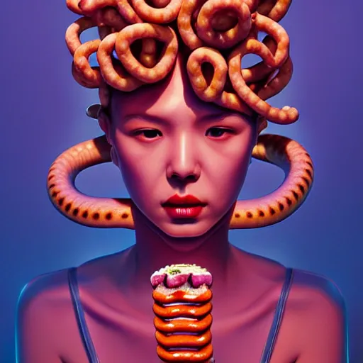 Image similar to medusa with hotdogs instead of snakes. intricate abstract. intricate artwork. by tooth wu, wlop, beeple, dan mumford. trending on artstation, greg rutkowski very coherent symmetrical artwork. cinematic, hyper realism, high detail, octane render, 8 k, iridescent accents