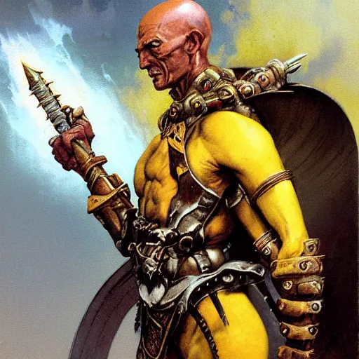 Prompt: ( ( ( quarter length portrait of a gaunt noseless yellow - skinned bald githyanki warrior in a breastplate, wielding a magical silver greatsword ) ) ), greg rutkowski, frank frazetta, alexandre chaudret, boris vallejo, michael whelan, miro petrov, magali villeneuve, donato giancola, d & d