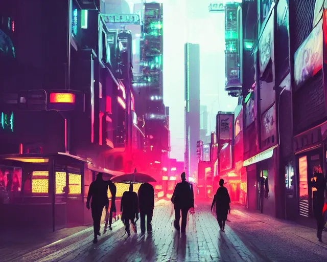 Prompt: people walking down a cyberpunk street at night