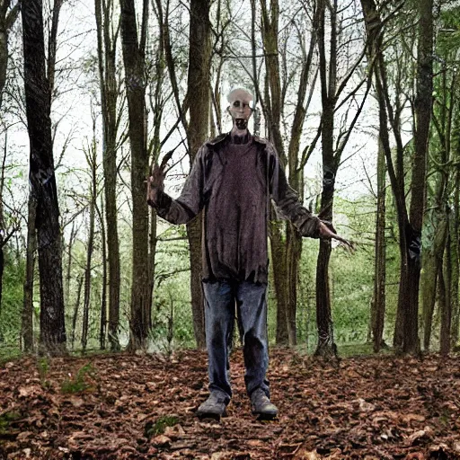 Prompt: tall creepy man on the woods, found footage