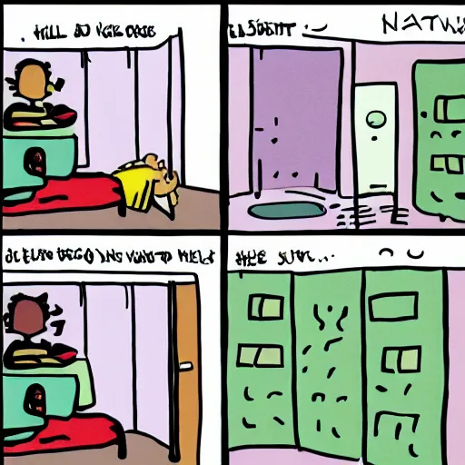 Image similar to hiding in closet too stressed to eat anxiety, in the style of Bill Waterson,