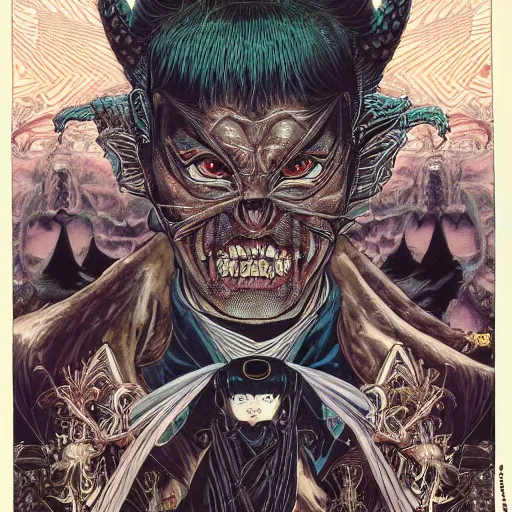 Image similar to portrait of devil's advocate, symmetrical, by yoichi hatakenaka, masamune shirow, josan gonzales and dan mumford, ayami kojima, takato yamamoto, barclay shaw, karol bak, yukito kishiro