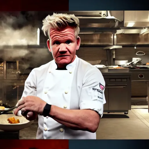 Image similar to gordon ramsay in call of duty throwing food, very detailed, realistic, 4 k