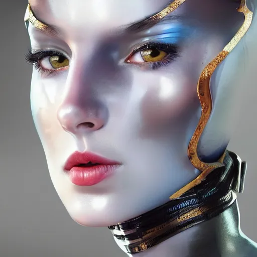 Image similar to A masterpiece portrait of a Incredibly beautiful futuristic high fashion russian model girl with designer mask made of steel and latex. trending on artstation, digital art, by Stanley Artgerm Lau, WLOP, Rossdraws, James Jean, Andrei Riabovitchev, Marc Simonetti, Yoshitaka Amano