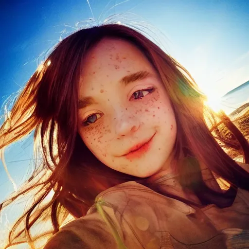 Prompt: Selfie photograph of Cute anime girl, long shiny bronze brown hair, green eyes, cute freckles, soft smile, golden hour, beach setting, medium shot, mid-shot, trending on Artstation,