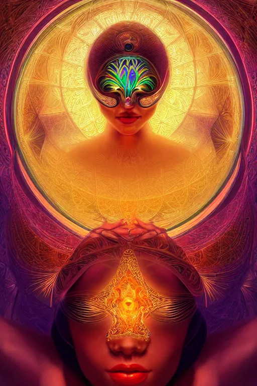 Image similar to a centered render of an alluring goddess wearing a psychedelic mask surrounded by a glorious sacred energy made from geometry and spiral mandel bulb fractals, powerful, cinematic, beautifully lit, by artgerm, by karol bak, 3 d, trending on artstation, octane render, 8 k