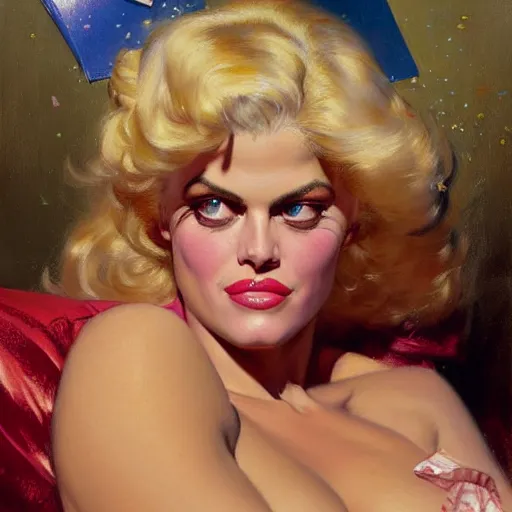 Image similar to anna nicole smith in her bed, nervous and terrified, because rip taylor is throwing confetti from a bucket at her. highly detailed painting by gaston bussiere, j. c. leyendecker, greg rutkowski, craig mullins 8 k
