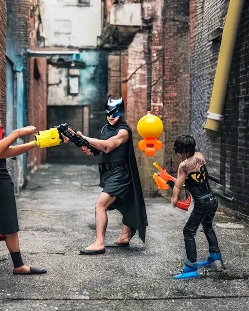 Image similar to happy batman firing super soaker water gun in an alleyway, everyone having fun, toy product advertisement, photography