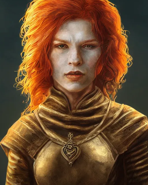 Prompt: the elder scrolls vi, charismatic rugged female redhead breton mage portrait, illustration, rim light, top light, perfectly shaded, golden hour, epic, intricate, soft painting, art by mark kent, jordan lamarre - wan, igor kieryluk, maxim verehin, miranda meeks