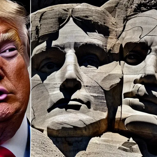 Image similar to donald trump's face carved into rock on mount rushmore. the photo clearly depicts the facial features of donald trump, at a slightly elevated level, depicting his particular hair style carved into the stone at the mountain top, centered, balances, regal, pensive, powerful, just